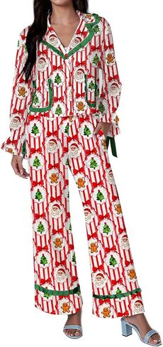 Leyajedol Women Christmas Lounge Pajama Set Satin Long Sleeve Button Down Shirt Pants Set 2 Piece Santa Print Pjs Outfits in Saudi Arabia