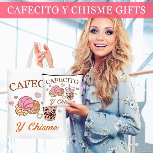 SilTriangle 6 قطع من هدايا Cafecito Y Chisme المضحكة وحقائب حمل القهوة المكسيكية وحقائب المكياج مجموعة القهوة المكسيكية اللاتينية هدية للنساء in Saudi Arabia