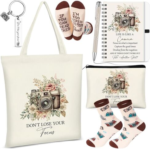 Gilprop 6 Pcs Photographer Gift Camera Lover Shopping Bag Keychain Cosmetic Bag Spiral Notebook Ballpoint Pen Socks Don't Lose Your Focus Photography Inspirational Motivational Birthday Valentine Gift in Saudi Arabia