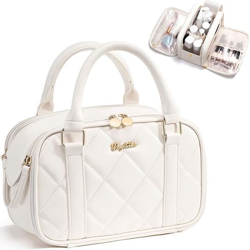 Bagstellar Travel Makeup Bag, Large Capacity Quilted Toiletry Bag for Women, Wide-open Cosmetic Bag Make Up Case Organizer Portable Pouch w/Handle & Brush Holder for Traveling Accessories Ivory White in Saudi Arabia