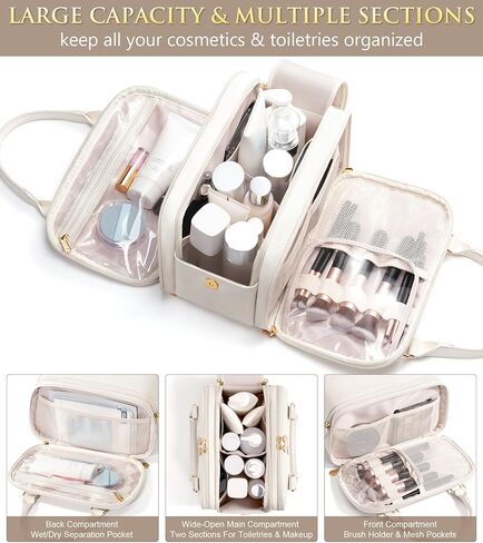 Bagstellar Travel Makeup Bag, Large Capacity Quilted Toiletry Bag for Women, Wide-open Cosmetic Bag Make Up Case Organizer Portable Pouch w/Handle & Brush Holder for Traveling Accessories Ivory White in Saudi Arabia