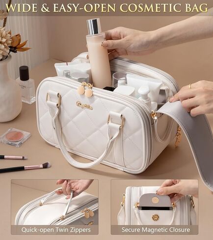 Bagstellar Travel Makeup Bag, Large Capacity Quilted Toiletry Bag for Women, Wide-open Cosmetic Bag Make Up Case Organizer Portable Pouch w/Handle & Brush Holder for Traveling Accessories Ivory White in Saudi Arabia