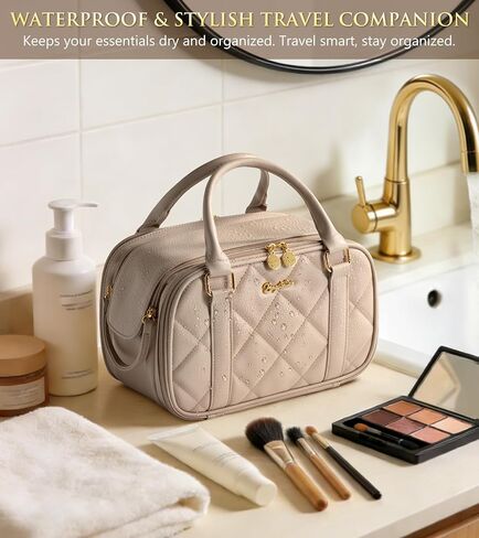 Bagstellar Travel Makeup Bag, Large Capacity Quilted Toiletry Bag for Women, Wide-open Cosmetic Bag Make Up Case Organizer Portable Pouch w/Handle & Brush Holder for Traveling Accessories Ivory White in Saudi Arabia