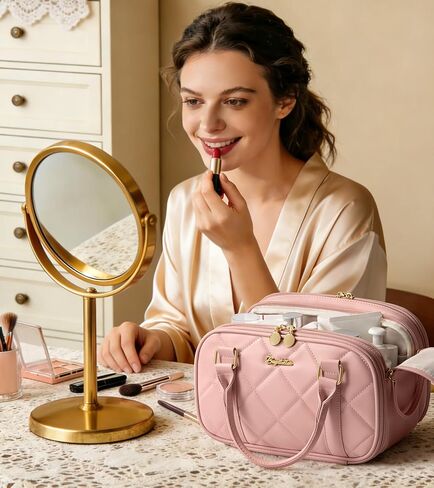 Bagstellar Travel Makeup Bag, Large Capacity Quilted Toiletry Bag for Women, Wide-open Cosmetic Bag Make Up Case Organizer Portable Pouch w/Handle & Brush Holder for Traveling Accessories Ivory White in Saudi Arabia