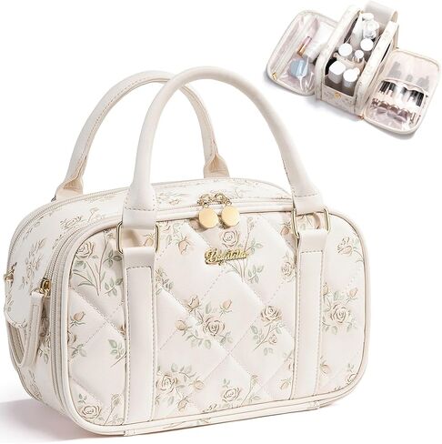 Bagstellar Travel Makeup Bag, Large Capacity Quilted Toiletry Bag for Women, Wide-open Cosmetic Bag Make Up Case Organizer Portable Pouch w/Handle & Brush Holder for Traveling Accessories Ivory White in Saudi Arabia