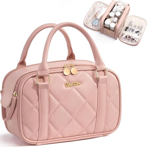 Bagstellar Travel Makeup Bag, Large Capacity Quilted Toiletry Bag for Women, Wide-open Cosmetic Bag Make Up Case Organizer Portable Pouch w/Handle & Brush Holder for Traveling Accessories Ivory White in Saudi Arabia