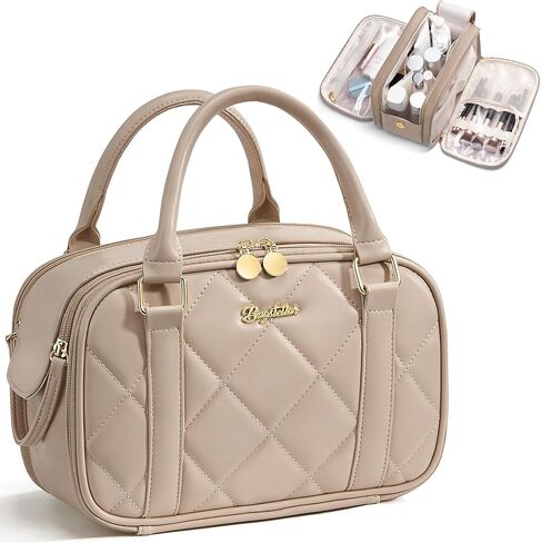 Bagstellar Travel Makeup Bag, Large Capacity Quilted Toiletry Bag for Women, Wide-open Cosmetic Bag Make Up Case Organizer Portable Pouch w/Handle & Brush Holder for Traveling Accessories Ivory White in Saudi Arabia