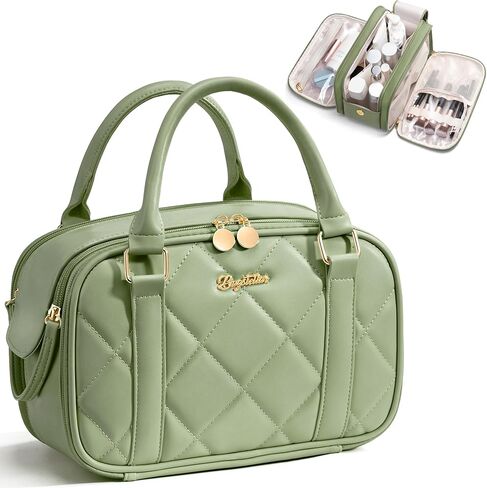 Bagstellar Travel Makeup Bag, Large Capacity Quilted Toiletry Bag for Women, Wide-open Cosmetic Bag Make Up Case Organizer Portable Pouch w/Handle & Brush Holder for Traveling Accessories Ivory White in Saudi Arabia