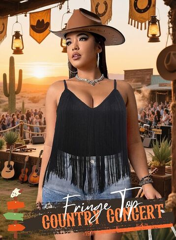 Womens Western Cowgirl Fringe Top - Plus Size Hem Tassel Tank Rodeo Shirt Festival Boho Cami Country Concert Outfit in Saudi Arabia