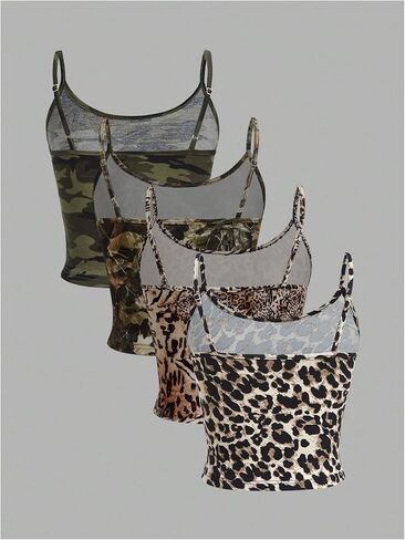 GORGLITTER المرأة الفهد ليوبارد طباعة كامو المحاصيل قمم بلا أكمام مفتوحة الظهر Strappy الصيف عارضة 4 حزمة قمم in Kuwait