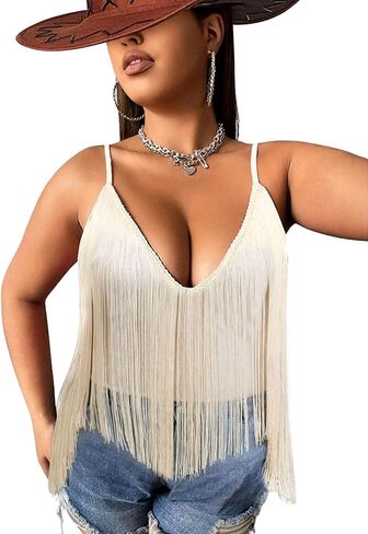 Womens Western Cowgirl Fringe Top - Plus Size Hem Tassel Tank Rodeo Shirt Festival Boho Cami Country Concert Outfit in Saudi Arabia