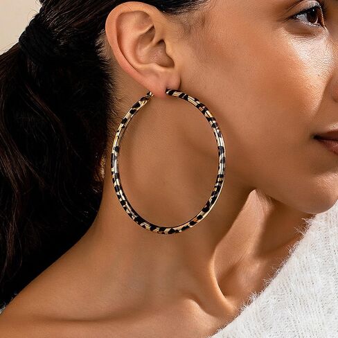 Large Leopard Hoop Earrings for Women Exaggerated Metal Geometric Leopard Print Round Hoop Earrings Chunky Big Round Huggie Hoops Earring 80s 90s African Jewelry Gifts Rapper Party Accessories in Saudi Arabia