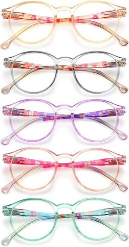 LANLANG 5 Pack Blue light blocking Reading Glasses for Women with Spring Hinge, Round, 5 Colors, PC frame, Lightweight in Saudi Arabia