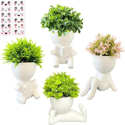 3 Packs Creative Small Fake Plants Artificial Succulents in Ceramic Human Shaped Pots Cute Office Plants For Desk Home Decor Funny Premium Ceramic Faux Succulent Perfect Humorous Gift Idea(3, White) in Kuwait