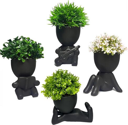 3 Packs Creative Small Fake Plants Artificial Succulents in Ceramic Human Shaped Pots Cute Office Plants For Desk Home Decor Funny Premium Ceramic Faux Succulent Perfect Humorous Gift Idea(3, White) in Kuwait