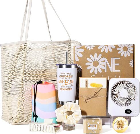 Beach Gifts for Women,79" X 83" Beach Blanket Waterproof Sandproof, Beach Mesh Tote Bags, USB Portable Fan, Vacation Essentials Birthday Gift Baskets for Friends Sister Wife Her as Travel Camping in Kuwait