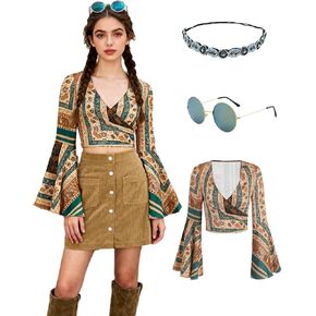 kasahara Women’s 70s Hippie Costume Set Bell Sleeve Boho Printed Blouse with Accessories for Disco Party Concert Halloween in Kuwait