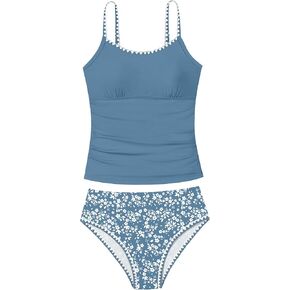 Girls Swimsuit Solid Color Tankini Contrast Trim Swimwear 2 Piece Bathing Suit Padded Swimsuits for Teens 9-16Y in Saudi Arabia
