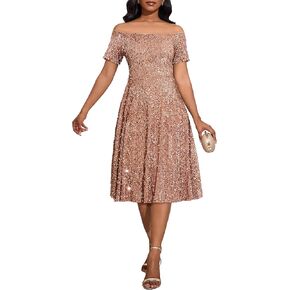 فستان IWFEV نسائي بدون أكتاف وأكمام قصيرة مع جيوب متزلج لامع على شكل حرف a متوسط ​​الطول لحفلات الكوكتيل والترتر in Kuwait