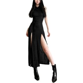 فساتين Cyber ​​Goth Desert Walker بقلنسوة Y2k Punk Grunge فستان ميدي بفتحات واسعة للنساء مثير بفتحة جانبية ملابس شارع صلبة in Kuwait