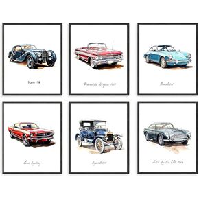 HUACANVASART مطبوعات فنية جدارية كلاسيكية بألوان مائية للسيارة، ملصق حائط كلاسيكي كلاسيكي للسيارة، ملصق فني لسباق السيارات الرجعية لغرفة الأولاد، والحضانة، وغرفة نوم المراهقين، وتزيين غرفة اللعب، مجموعة من 6 قطع in Kuwait
