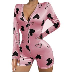 GTETKDE Women's Cute Heart Graphic Romper V Neck Pajama Long Sleeve Button Front Shorts Onesie Bodycon Overal Sleepwear in Kuwait