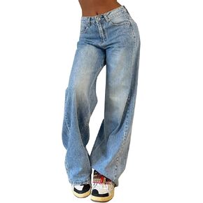 Peakpride سراويل جينز فضفاضة للنساء واسعة الساق من قماش الدنيم غير رسمية عالية الخصر Y2K 90S بنطلون جينز عتيق in Kuwait