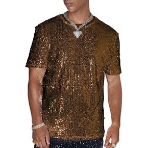 Oyoangle Men's Sprearly Seirt Shirt Crew Neck Short Short Shiny Tops Tops Nightclub Glitter T- T- قمصان in Kuwait