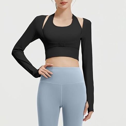 2025 Long Sleeve Halter Tee for Women with Thumb Hole Lightweight Cropped Tops Slim Fit Athletic Workout Gym Shirts in Saudi Arabia