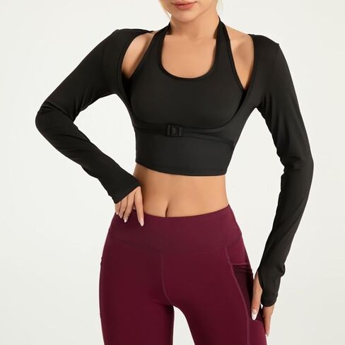 2025 Long Sleeve Halter Tee for Women with Thumb Hole Lightweight Cropped Tops Slim Fit Athletic Workout Gym Shirts in Saudi Arabia