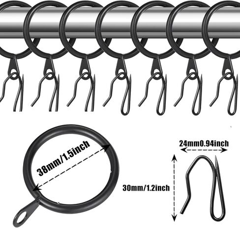 120 Pcs 1.5 Inch - 38mm Black Metal Drapery Curtain Rings Curtain Hanging Rings and Stainless Steel 4 Prongs Pinch Pleat Hook with Drapery Curtain Pin-on Hooks Pins for Bathroom, Living in Saudi Arabia