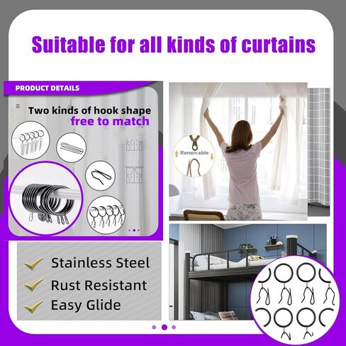120 Pcs 1.5 Inch - 38mm Black Metal Drapery Curtain Rings Curtain Hanging Rings and Stainless Steel 4 Prongs Pinch Pleat Hook with Drapery Curtain Pin-on Hooks Pins for Bathroom, Living in Saudi Arabia