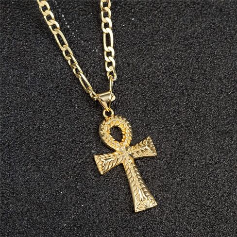 14K White Gold Plated Ankh Cross Pendant Necklace for Women Men Stainless Steel Flat Figaro Chain Egyptian Cross Necklace in Saudi Arabia