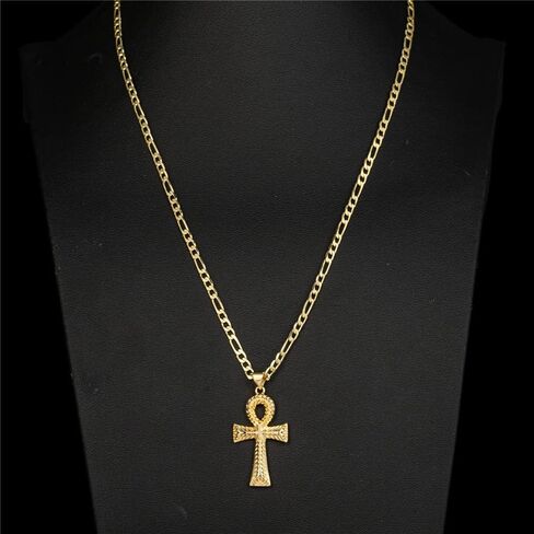 14K White Gold Plated Ankh Cross Pendant Necklace for Women Men Stainless Steel Flat Figaro Chain Egyptian Cross Necklace in Saudi Arabia