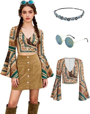 مجموعة زي هيبي للسيدات من kasahara في السبعينيات، بلوزة مطبوعة بوهو بأكمام جرس مع ملحقات لحفلات الديسكو وحفلات الهالوين in Kuwait