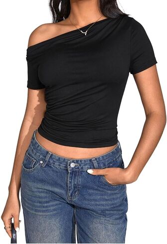 SHENHE Women's Sparkly Top Metallic Off The Shoulder Short Sleeve Ruched Sexy Club Tops Shirt in Saudi Arabia
