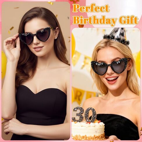 APLZGMG 30th Birthday Heart Shaped Glasses, Dirty 30" Fun Sunglasses, Black Birthday Party Favors & Decorations for Her or Him, 30th Birthdays Accessories (Black) in Saudi Arabia