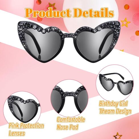 APLZGMG 30th Birthday Heart Shaped Glasses, Dirty 30" Fun Sunglasses, Black Birthday Party Favors & Decorations for Her or Him, 30th Birthdays Accessories (Black) in Saudi Arabia