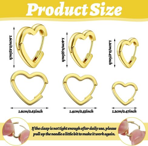 Mabor 3 Pairs Gold Heart Hoop Earrings, Small Heart Shaped Copper Huggie Hoop Earrings for Women Men Piercings Cartilage 12,14, 16 mm in Saudi Arabia