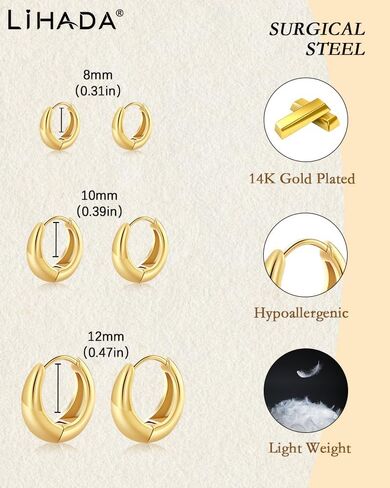 مجموعة أقراط هوجي هوب صغيرة من الفولاذ الجراحي للنساء، أقراط خفيفة الوزن مطلية بالذهب عيار 14 قيراط لا تسبب الحساسية، مقاومة للماء وغير قابلة للتشويه من أجل ثقب متعدد in Kuwait