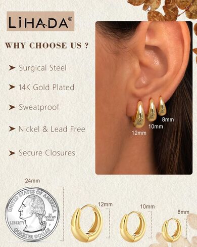 مجموعة أقراط هوجي هوب صغيرة من الفولاذ الجراحي للنساء، أقراط خفيفة الوزن مطلية بالذهب عيار 14 قيراط لا تسبب الحساسية، مقاومة للماء وغير قابلة للتشويه من أجل ثقب متعدد in Kuwait