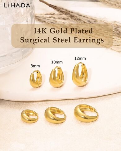 مجموعة أقراط هوجي هوب صغيرة من الفولاذ الجراحي للنساء، أقراط خفيفة الوزن مطلية بالذهب عيار 14 قيراط لا تسبب الحساسية، مقاومة للماء وغير قابلة للتشويه من أجل ثقب متعدد in Kuwait