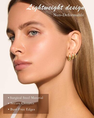 مجموعة أقراط هوجي هوب صغيرة من الفولاذ الجراحي للنساء، أقراط خفيفة الوزن مطلية بالذهب عيار 14 قيراط لا تسبب الحساسية، مقاومة للماء وغير قابلة للتشويه من أجل ثقب متعدد in Kuwait