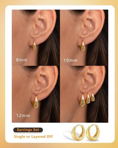 مجموعة أقراط هوجي هوب صغيرة من الفولاذ الجراحي للنساء، أقراط خفيفة الوزن مطلية بالذهب عيار 14 قيراط لا تسبب الحساسية، مقاومة للماء وغير قابلة للتشويه من أجل ثقب متعدد in Kuwait