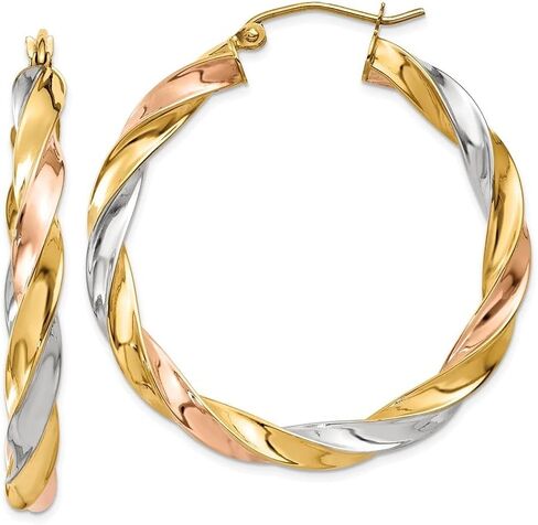 Diamond2Deal 14k Yellow Gold Tri-Color Light Twisted Hoop Earrings (L- 1.34 in, W- 1.42 in) in Saudi Arabia
