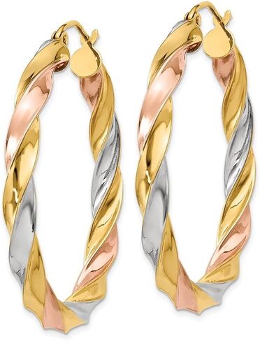Diamond2Deal 14k Yellow Gold Tri-Color Light Twisted Hoop Earrings (L- 1.34 in, W- 1.42 in) in Saudi Arabia