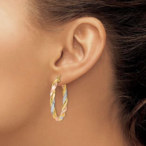 Diamond2Deal 14k Yellow Gold Tri-Color Light Twisted Hoop Earrings (L- 1.34 in, W- 1.42 in) in Saudi Arabia