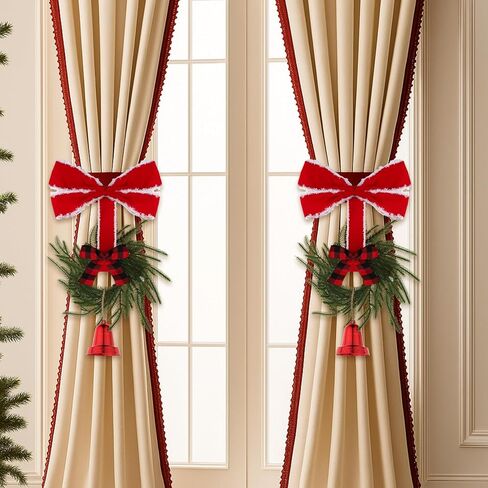 Norme 2 Pcs 21.7 Inch Christmas Curtain Tiebacks Red Velvet Bow Norfolk Pine Wreath with Plastic Red Cowbell Holdbacks Christmas Curtain Bow Wreath Ties for Xmas Holiday Bedroom Home Decor Window in Saudi Arabia