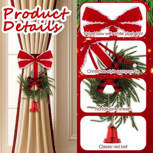 Norme 2 Pcs 21.7 Inch Christmas Curtain Tiebacks Red Velvet Bow Norfolk Pine Wreath with Plastic Red Cowbell Holdbacks Christmas Curtain Bow Wreath Ties for Xmas Holiday Bedroom Home Decor Window in Saudi Arabia