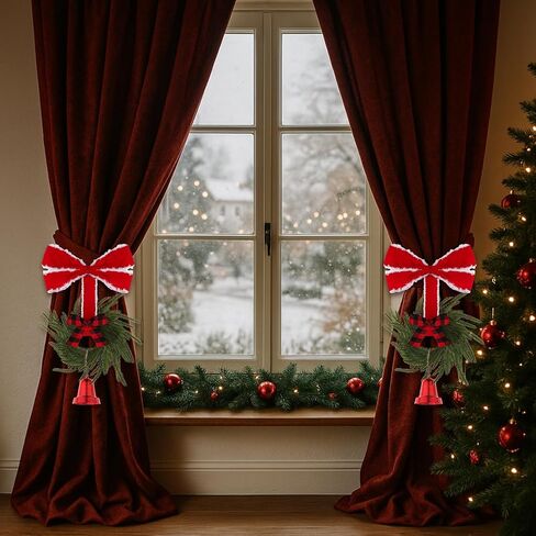 Norme 2 Pcs 21.7 Inch Christmas Curtain Tiebacks Red Velvet Bow Norfolk Pine Wreath with Plastic Red Cowbell Holdbacks Christmas Curtain Bow Wreath Ties for Xmas Holiday Bedroom Home Decor Window in Saudi Arabia